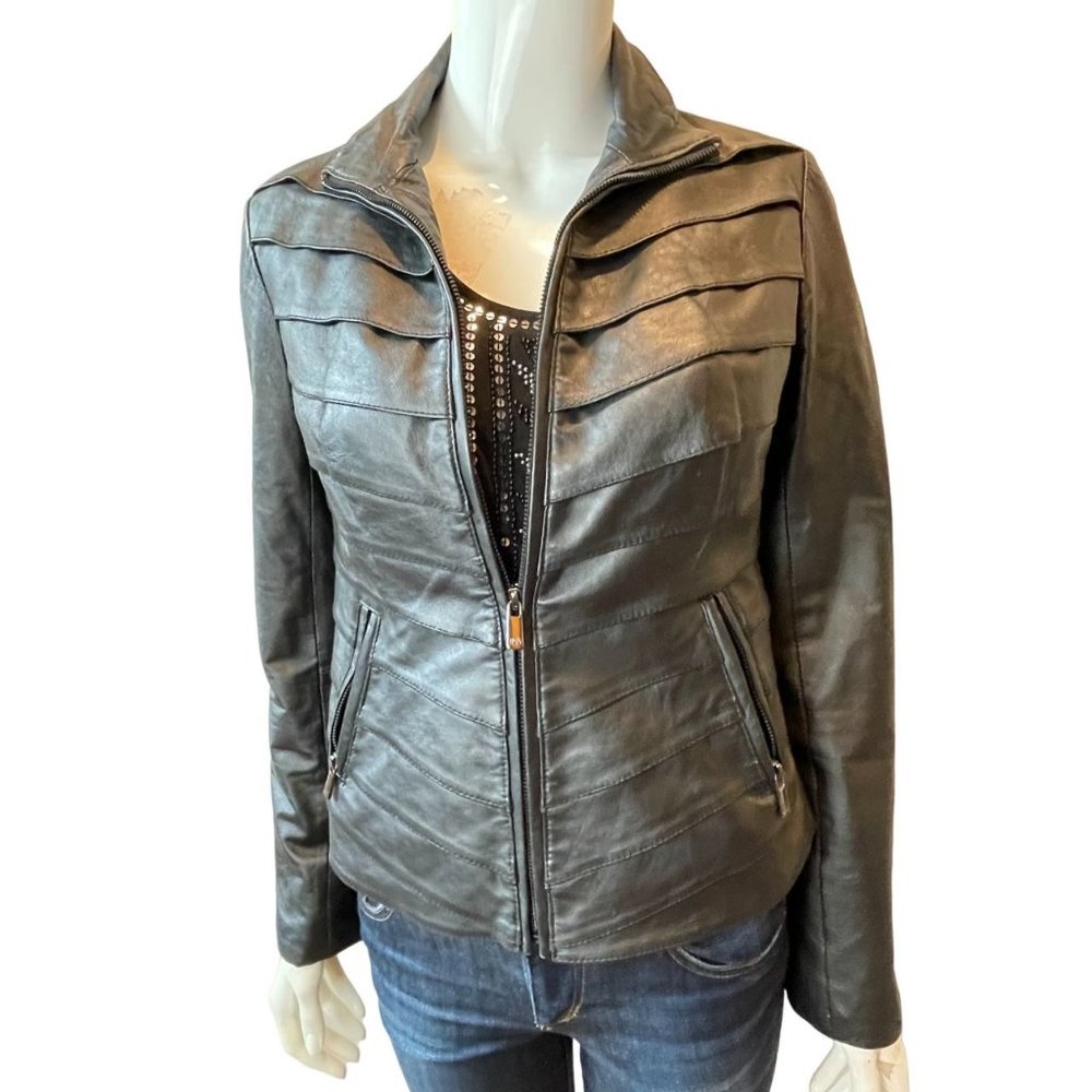 Jones New York Womens Layered Front Leather Jacket Full Zip Up Black Size Small